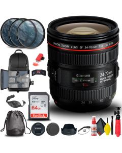 Canon EF 24-70mm f/4L is USM Lens (6313B002) + Filter Kit + Backpack + 64GB Card + Card Reader + Flex Tripod + Memory Wallet + Cap Keeper + Cleaning Kit + Hand Strap + More (Renewed)