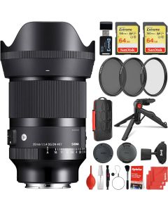 Sigma 35mm f/1.4 DG DN Art Lens Sony E-Mount Bundle with 2X 64GB Extreme Memory Cards, 3-Piece Filter Kit, Wrist Strap, Card Reader, Memory Card Case, Tabletop Tripod